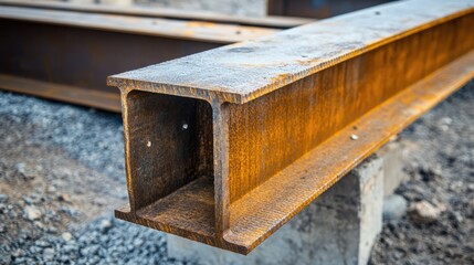 Obraz premium Structural steel foundation beam on construction site for building infrastructure development