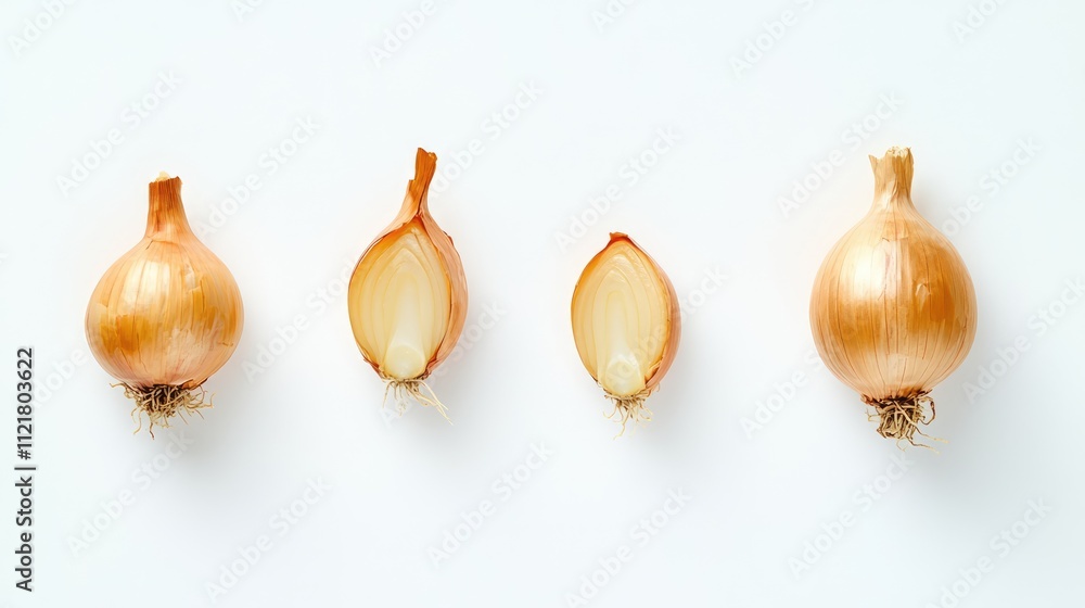 Aufkleber golden shallot onions and garlic fresh bulbs sliced and whole displayed on a clean white background 