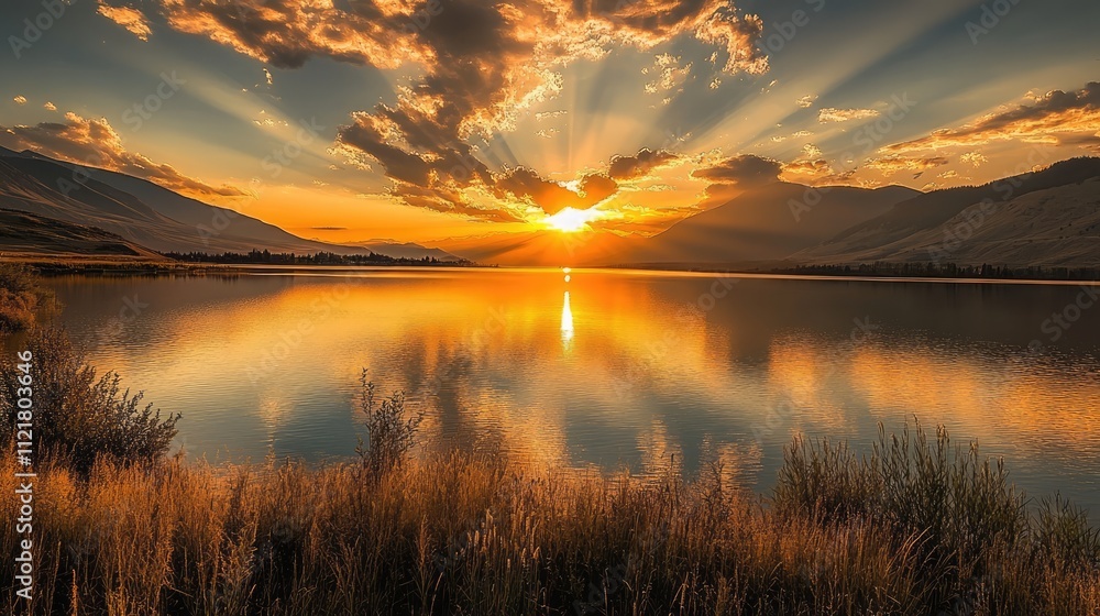 Poster golden hour at tranquil lake during sunset with dramatic clouds and reflections in serene waters and