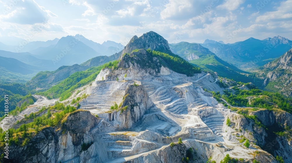 Poster Aerial view of an abandoned marble quarry showcasing developed mountain fossils and the remnants of mining activities in the scenic mountains.