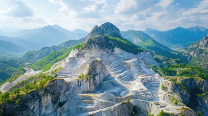 Aerial view of an abandoned marble quarry showcasing developed mountain fossils and the remnants of mining activities in the scenic mountains.