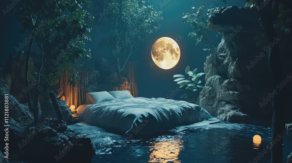 Poster serene bedroom setup in a mystical natural environment under a full moon creating a tranquil and dre