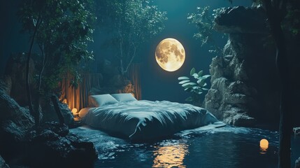 Serene bedroom setup in a mystical natural environment under a full moon creating a tranquil and dreamy atmosphere