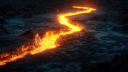 Fototapeta premium Illuminated lava flow creating vibrant contrast against dark rocky terrain depicting an otherworldly landscape of fire and earth.