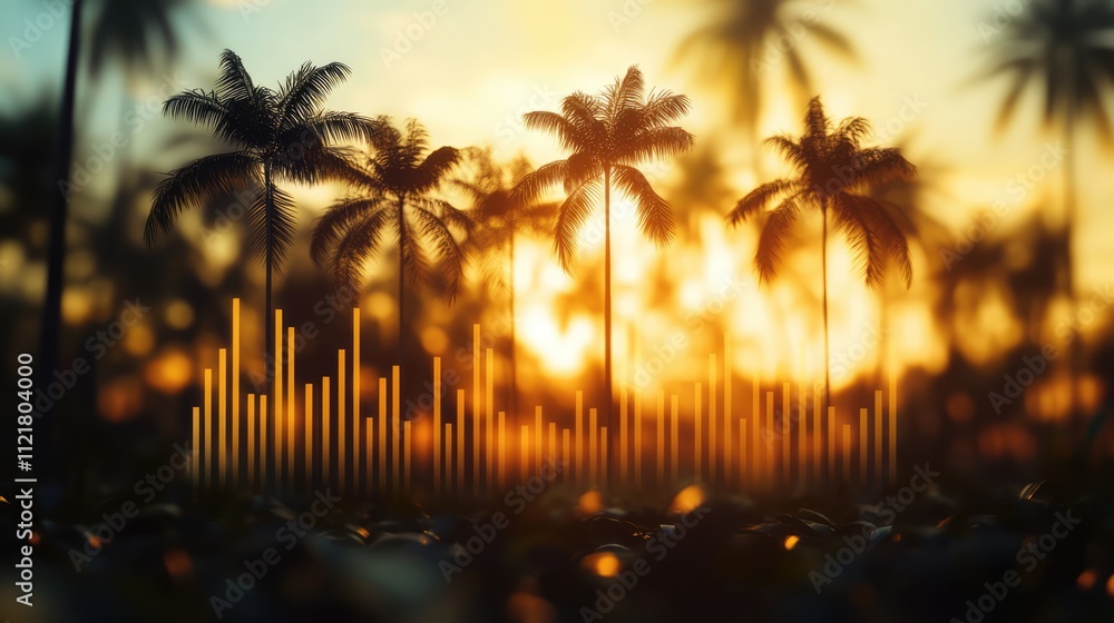 Poster financial index data visualization with palm trees silhouette against twilight sky and urban light b