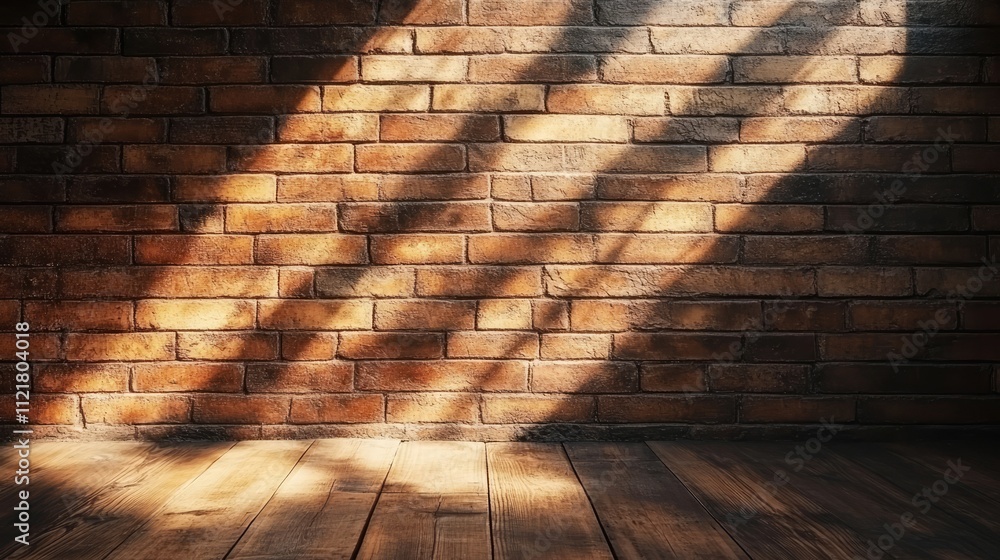 Poster sunlight casting shadows on a textured red and brown brick wall with wooden flooring creating a warm