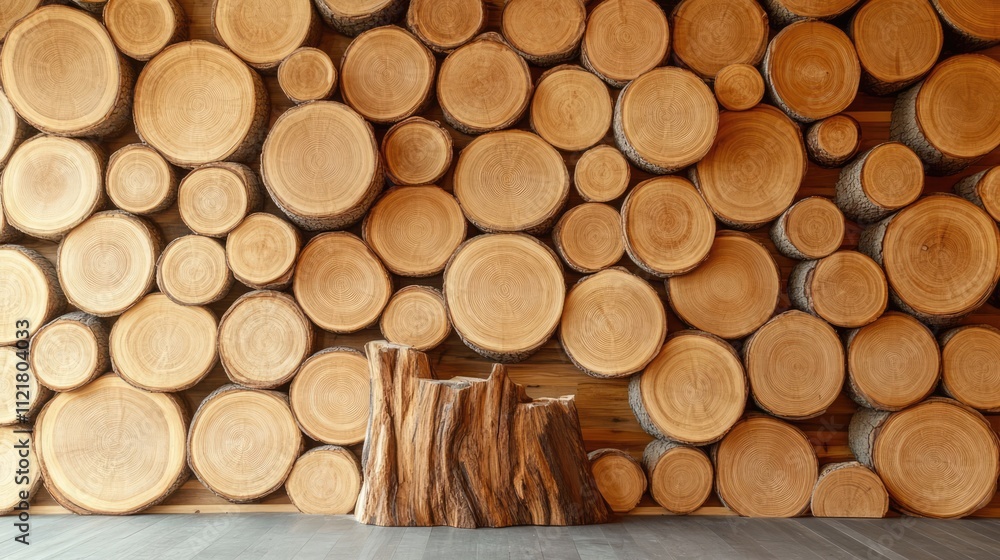 Poster Wooden log wall with circular cut timber natural texture and rustic decor featuring a tree stump in the foreground for interior design background.
