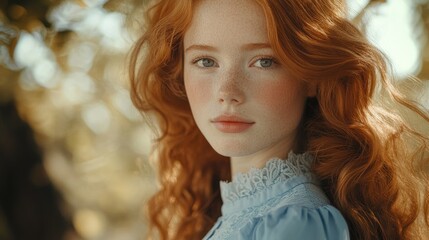 Fototapeta premium Close up portrait of a young woman with vibrant red hair in blue dress against nature background showcasing beauty and emotion in fashion photography
