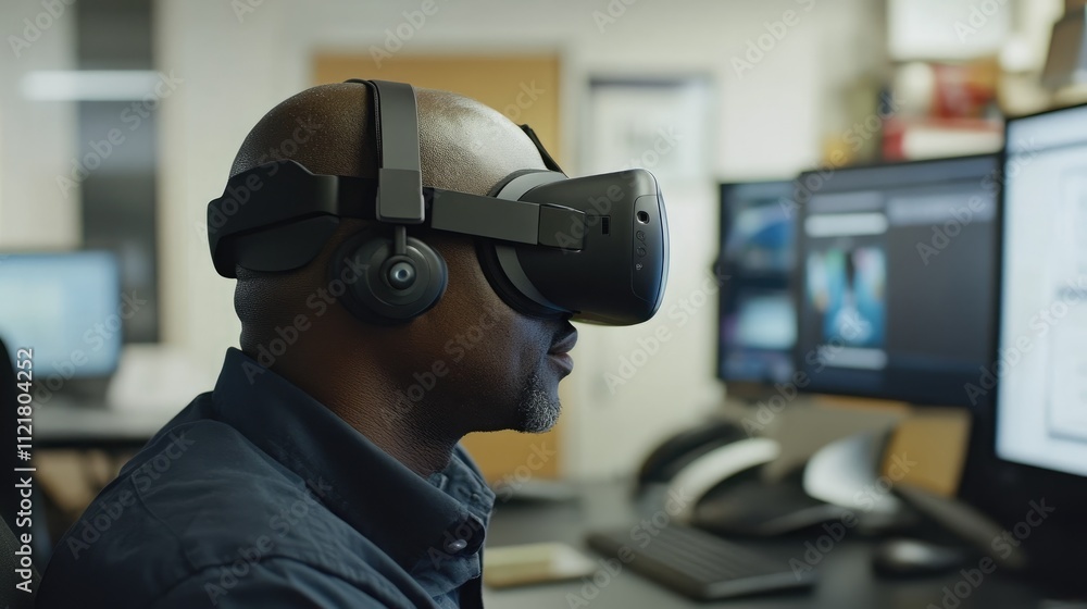 Aufkleber african american software developer using vr headset to test user experience in modern it office env