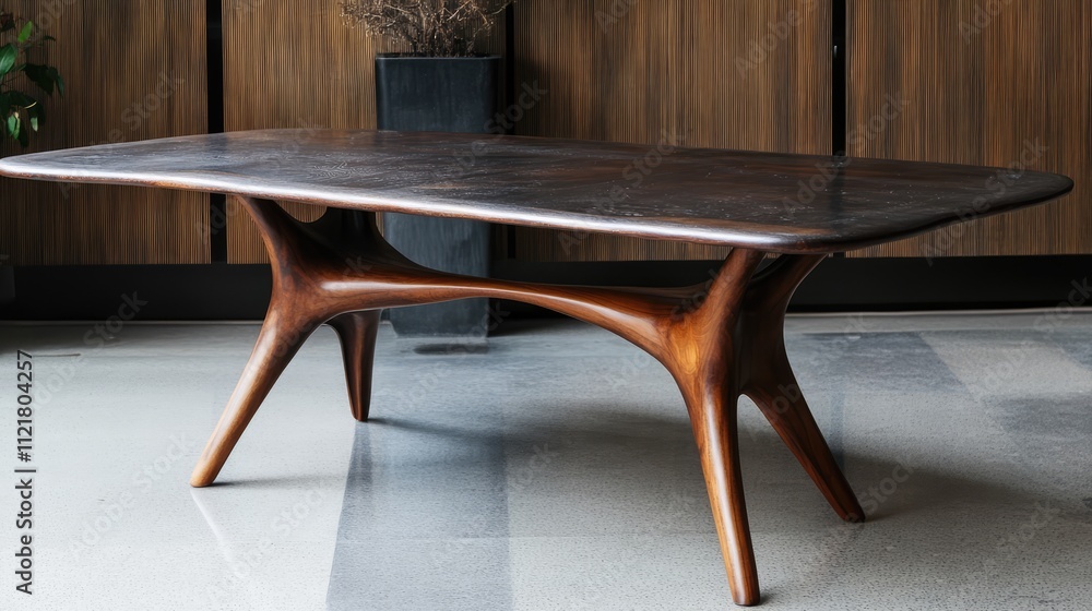 Poster mid-century modern wooden table with unique design and elegant finish in stylish interior setting