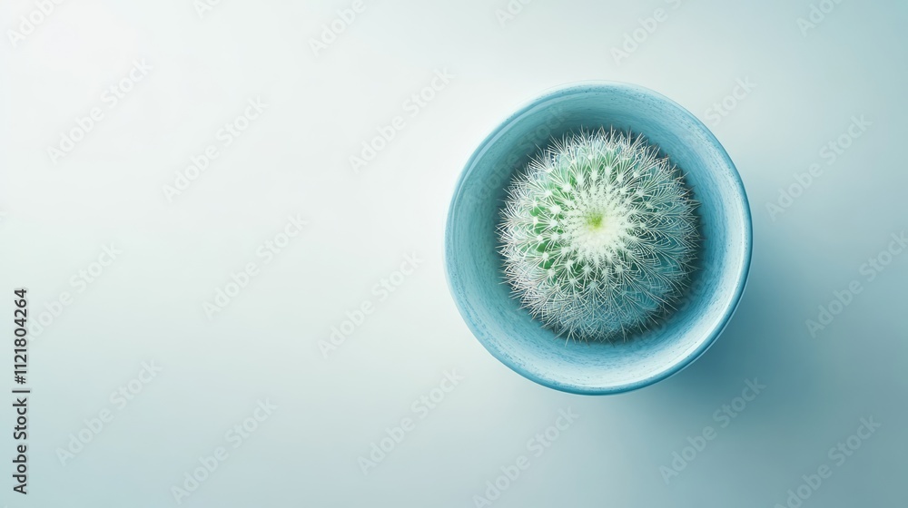 Poster small green cactus in light blue pot on a minimalist white background with ample copy space for bota