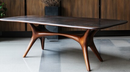 Mid-century modern wooden table with unique design and elegant finish in stylish interior setting