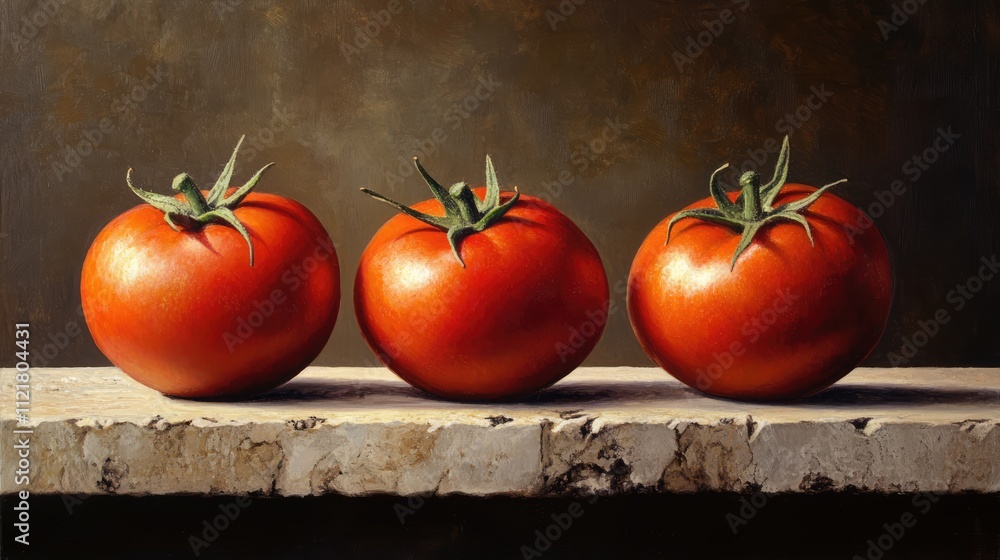 Poster three vibrant ripe tomatoes arranged on a textured stone table in natural light showcasing their fre