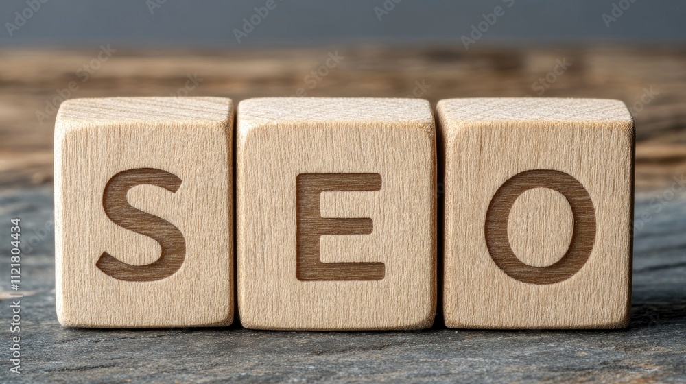 Poster wooden cubes displaying the letters seo representing search engine optimization strategy on a rustic