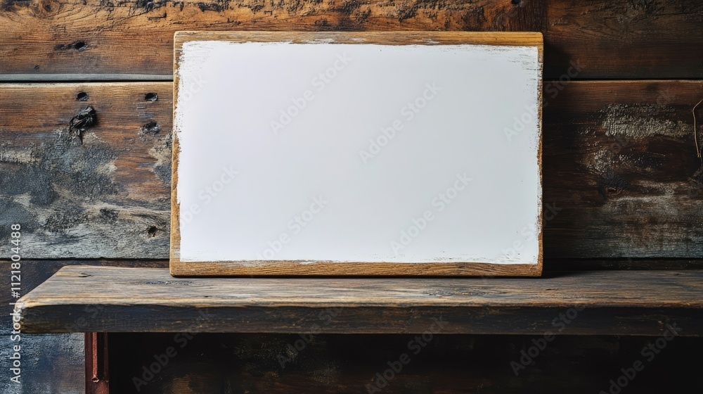 Aufkleber blank chalkboard frame on rustic wooden table against a weathered wooden wall ideal for displaying m