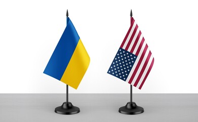 Image of the table flag of Ukraine and United States of America countries. White background....