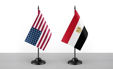 Image of the table flag of United States of America and Egypt countries. White background. Close-up...
