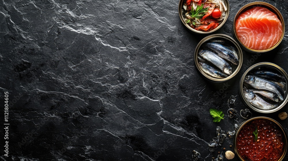 Poster assorted canned seafood including mackerel sprats sardines and tuna on a black slate background top 
