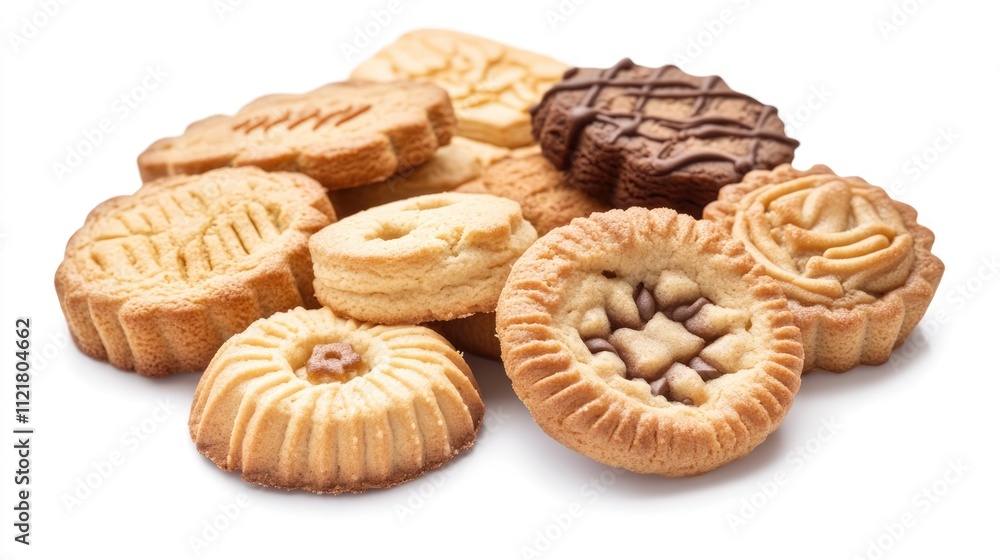 Poster assorted delicious cookies arranged in a creative pile on a clean white background showcasing variet