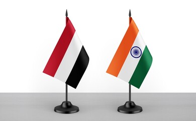 Image of the table flag of Yemen and India countries. White background. Close-up flags. High...
