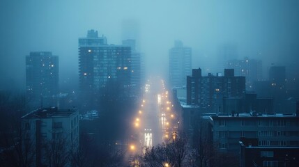Fototapeta premium Foggy city street, buildings, streetlights at night.