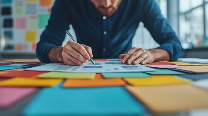 Fototapeta premium Creative Professional Sketching Ideas on Colorful Notes and Paper in Modern Office