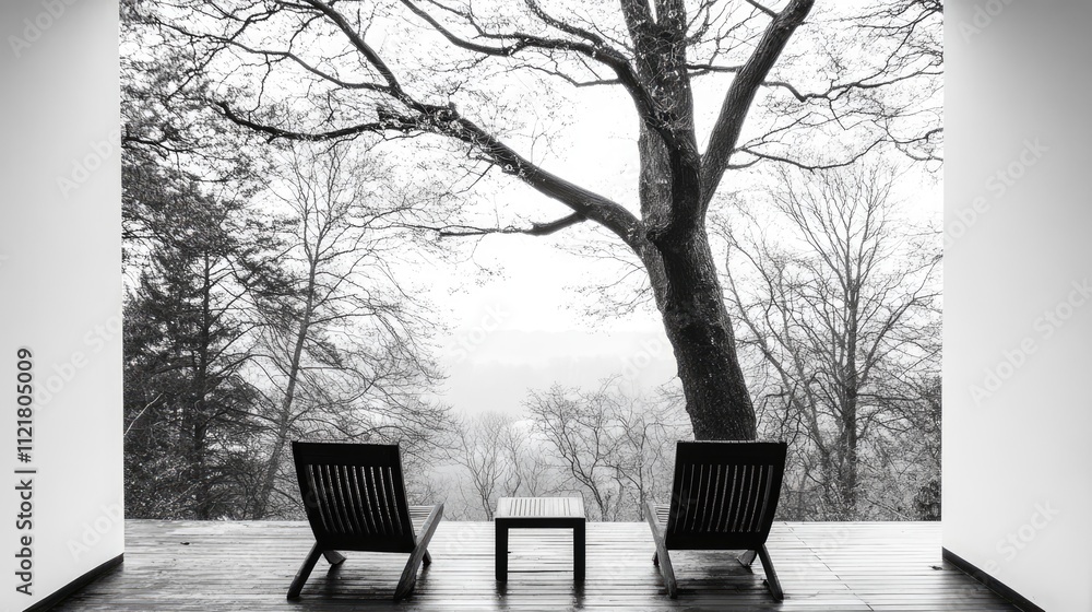 Poster serene terrace overlooking nature with minimalist furniture and bare trees in a tranquil black and w
