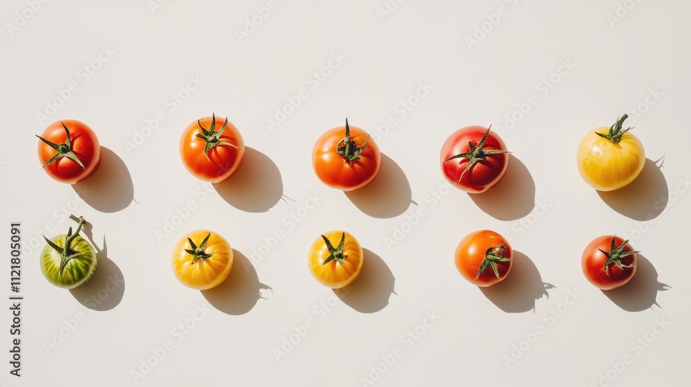 Aufkleber Assorted heirloom tomatoes arranged in a line casting soft shadows on a clean white background for a fresh and vibrant culinary presentation