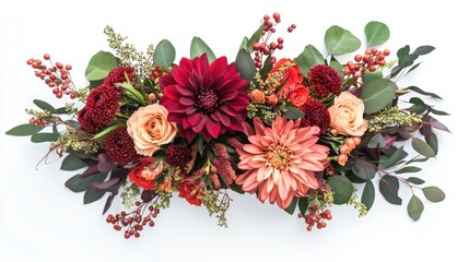 Top view of vibrant flower arrangement featuring dahlias, roses, and greenery on a white background with ample copy space for design use