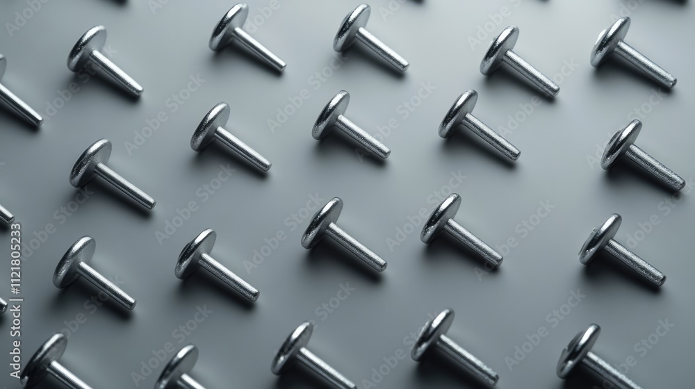 Aufkleber Array of metallic nails arranged in precise order against a gray background creating a textured industrial aesthetic
