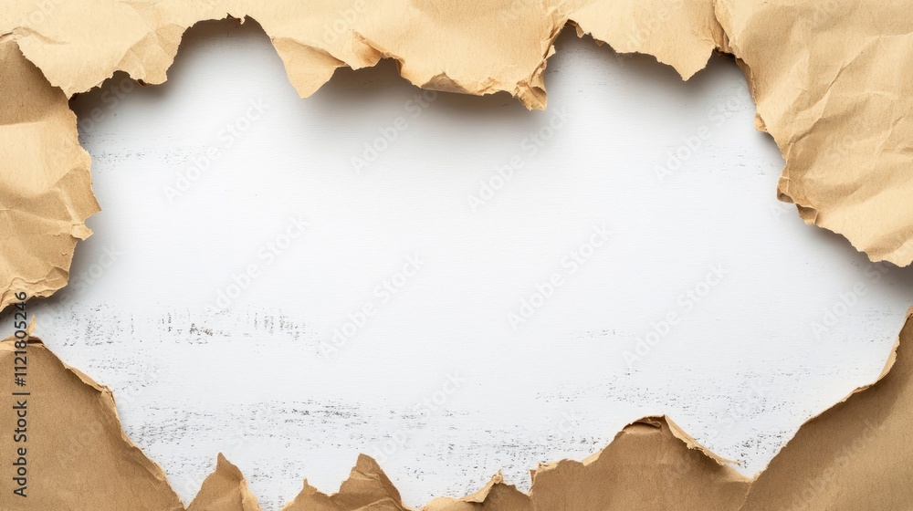 Poster Conceptual design of torn brown paper creating a blank space for text or imagery on a rustic white wooden background