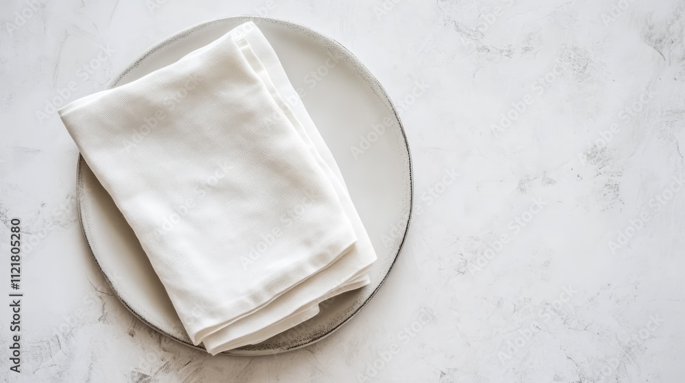 Poster minimalist flat lay of a folded white kitchen napkin on a simple gray plate against a textured backg