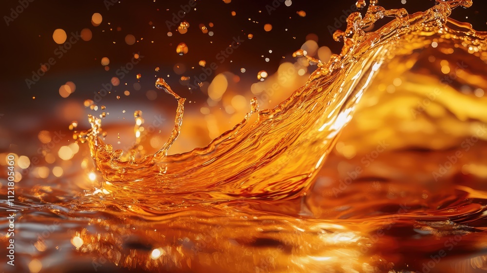 Poster dynamic splash of golden liquid with droplets capturing motion and light against a blurred backgroun