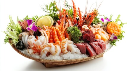 Vibrant Asian seafood salad with fresh ingredients beautifully arranged on ice in a traditional basket against a pristine white background