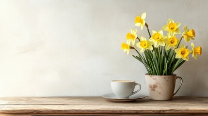 Spring home office still life laptop mockup with blank screen cup of coffee and yellow daffodils on wooden table Scandinavian decor