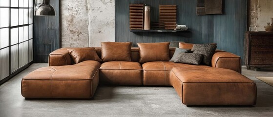 Fototapeta premium Rustic Leather Sectional Sofa in Cozy Industrial Loft