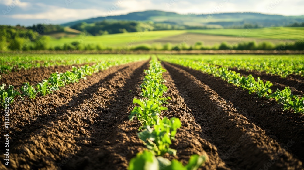 Aufkleber farmland landscape showcasing rows of crops with vibrant green hills in the background under a clear