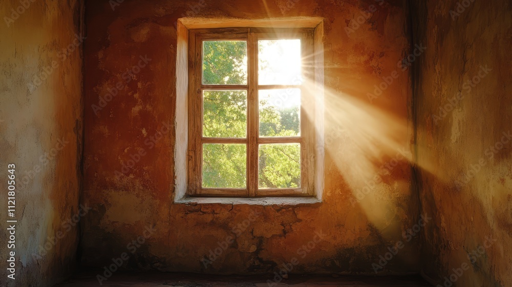 Poster Sunlight streaming through a vintage window illuminating rustic terra cotta walls in an old rural building interior