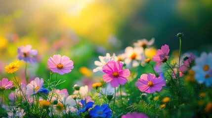 Obraz premium Vibrant wildflowers in a sunlit meadow showcasing the beauty and freshness of nature's blooms in a tranquil outdoor setting