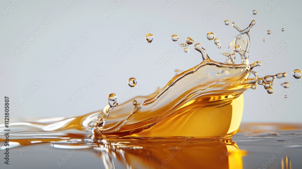 Poster dynamic splash of transparent liquid creating ripples and droplets reflecting light against a soft g