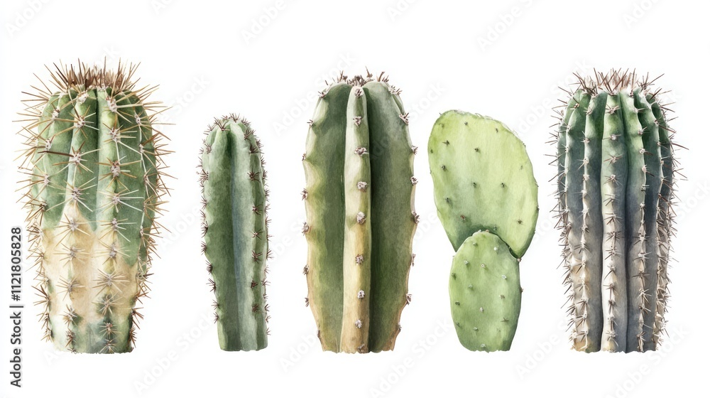 Poster collection of vibrant cacti varieties displayed on a clean white background showcasing their unique 
