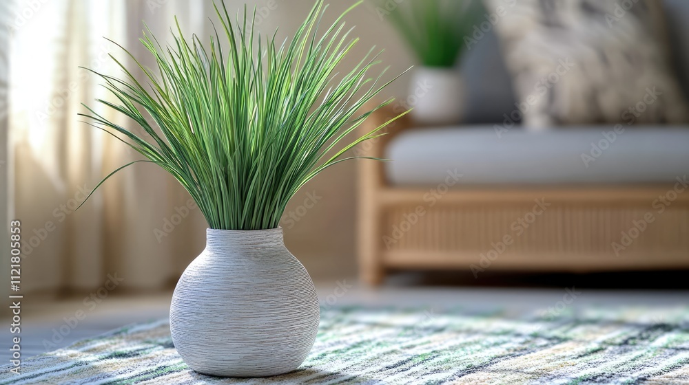 Poster Elegant artificial grass arrangement in a vase enhancing interior decor with a natural touch and fresh look for modern living spaces.