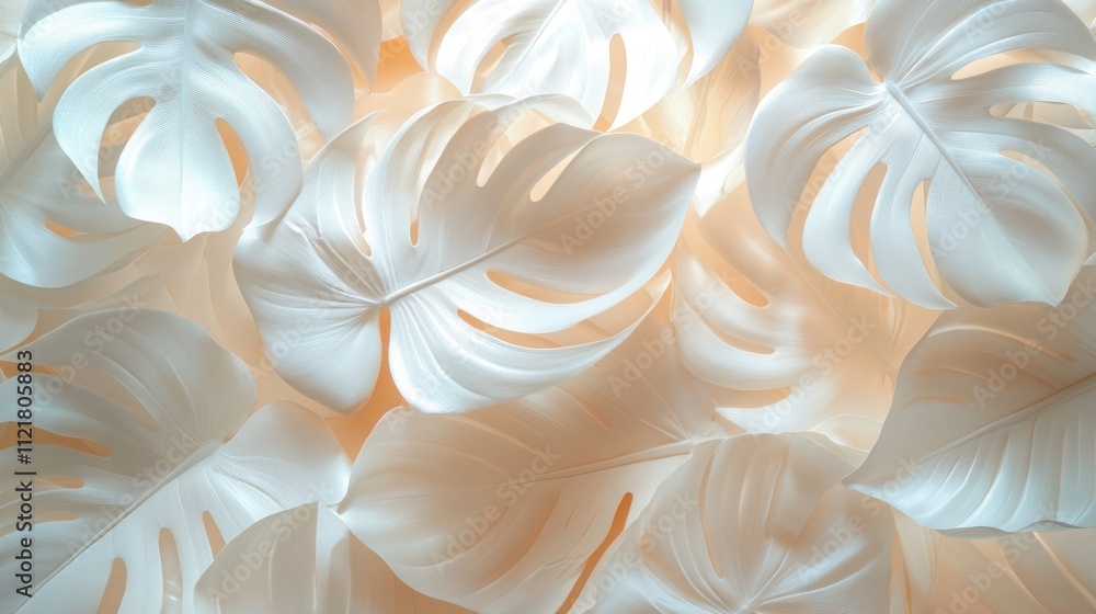 Poster close-up of many delicate, white tropical leaves overlapping on a soft peach background.