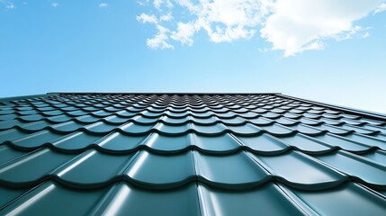 Fototapeta premium Stylish green tile roof with wavy design under a clear blue sky showcasing modern architectural elements and roofing craftsmanship