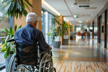 Obraz premium Elderly Man in Wheelchair Enjoying Serenity in a Modern Healthcare Facility Hallway Surrounded by Greenery and Natural Light