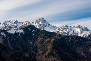 Panoramic view of snow capped mountain peaks of Julian Alps seen from Monte Nebria Cima Est, Friuli...
