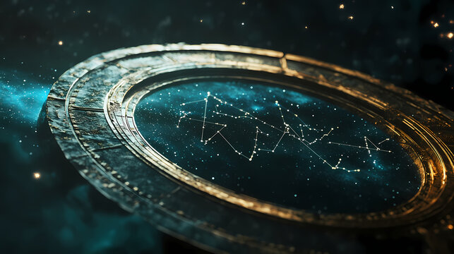 Band of the zodiac ecliplic illustration with the thirteen constellations on a starry spacescape background. Ecliptic. Illustration