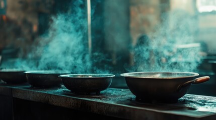 Steam rising from cooking pans in a professional kitchen highlighting culinary activity and atmosphere of food preparation.