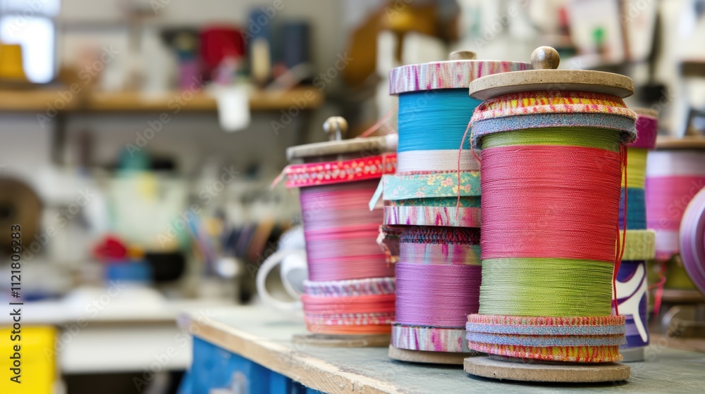 Poster colorful spools of ribbons neatly arranged in a vibrant crafting workshop with various tools and mat