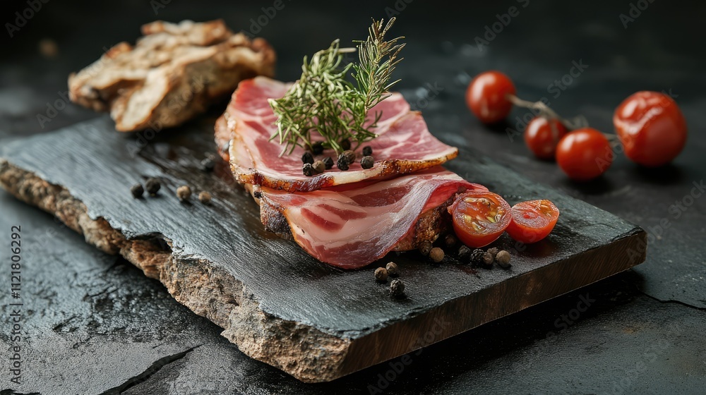 Poster deliciously presented pork ham on a rustic wooden board with cherry tomatoes and herbs for an appeti